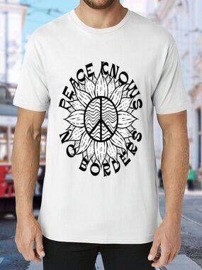 White Graphic Tee with Black Peace Sun Design